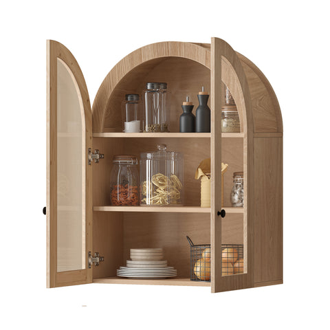Arched Wall Cabinet with Tempered Glass Doors, Light Brown, view 10