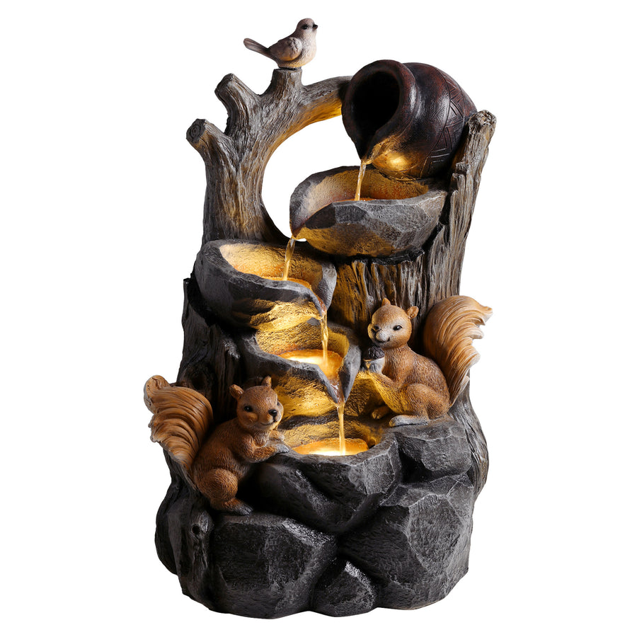 Squirrel Tiered Waterfall Fountain with LED Lights, 30.1 in Gray Resin