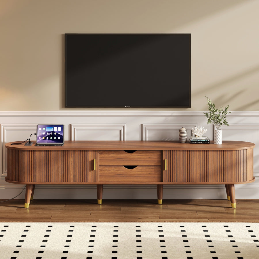 Fluted Oval TV Stand with Charging Station, Walnut