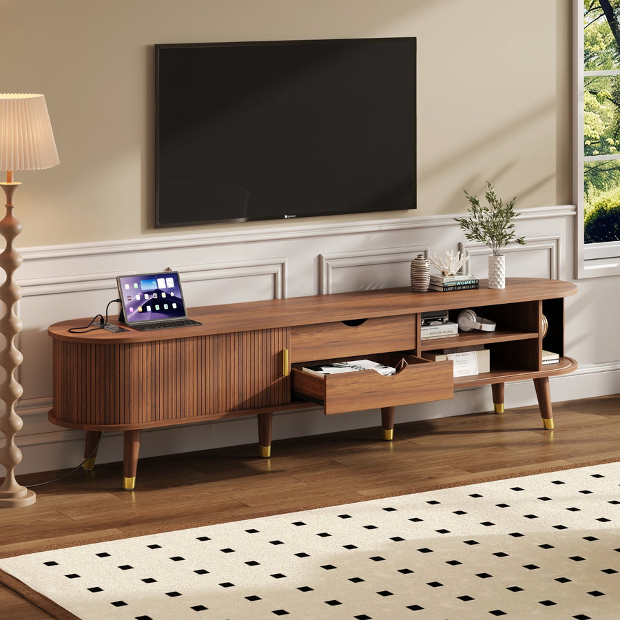 Fluted Oval TV Stand with Charging Station, Walnut, view 2