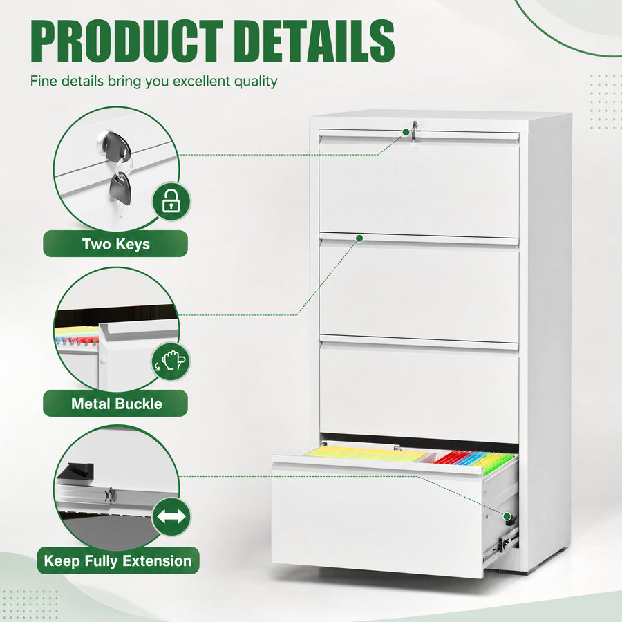 4-Drawer Lateral File Cabinet with Lock, White, view 4