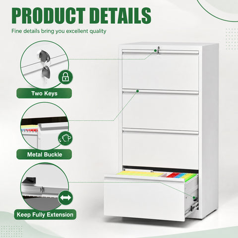 4-Drawer Lateral File Cabinet with Lock, White, view 4