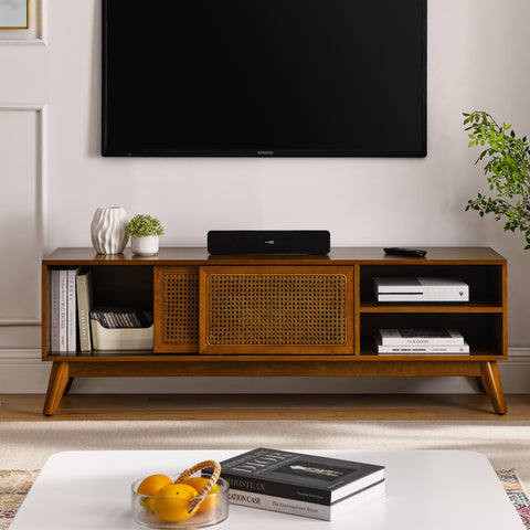 Mid-Century Rattan TV Stand for TVs Up to 65", Light Wood, view 2