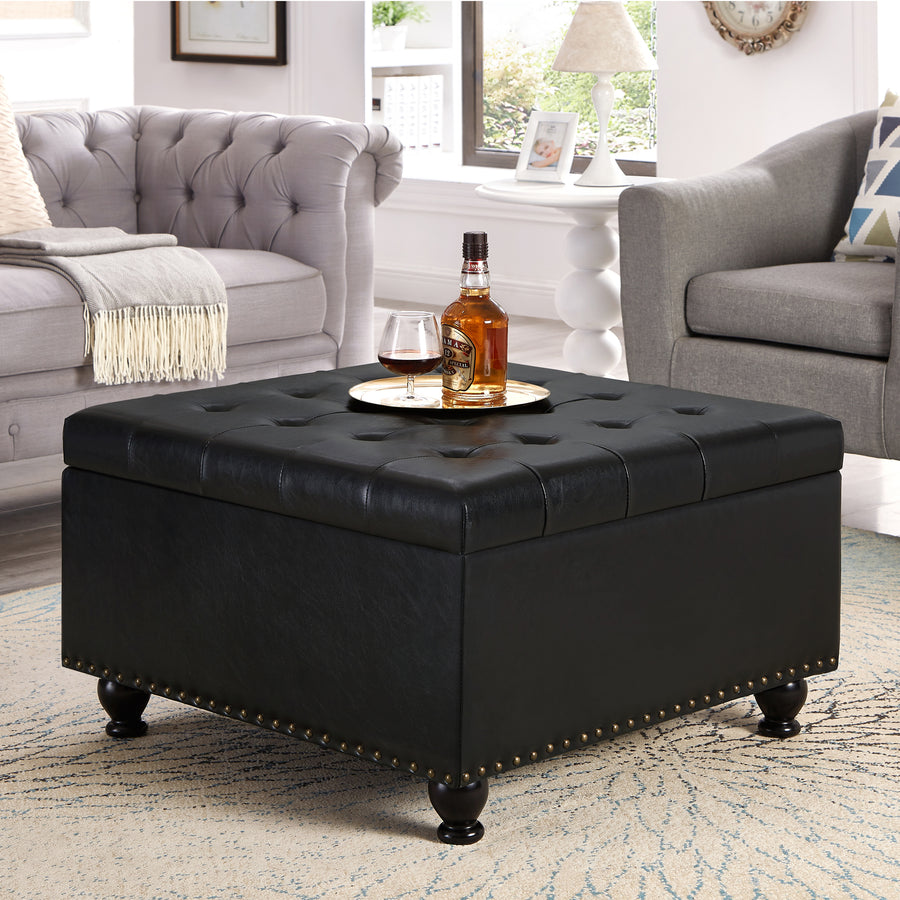 Black Tufted Storage Ottoman - Wooden Legs with Nail Trims