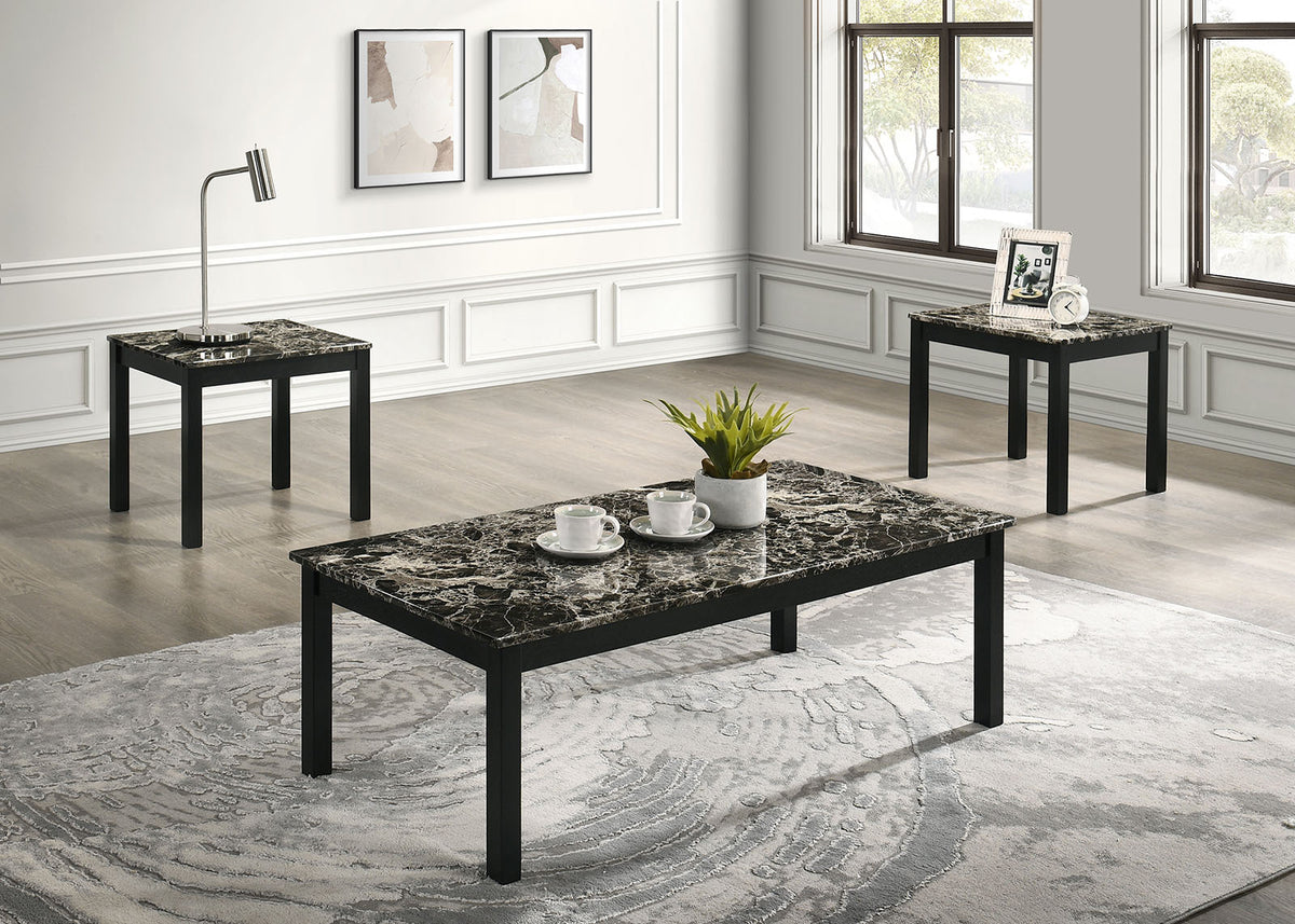 3PC Contemporary Black & White Table Set - Faux Marble Top Wooden Legs