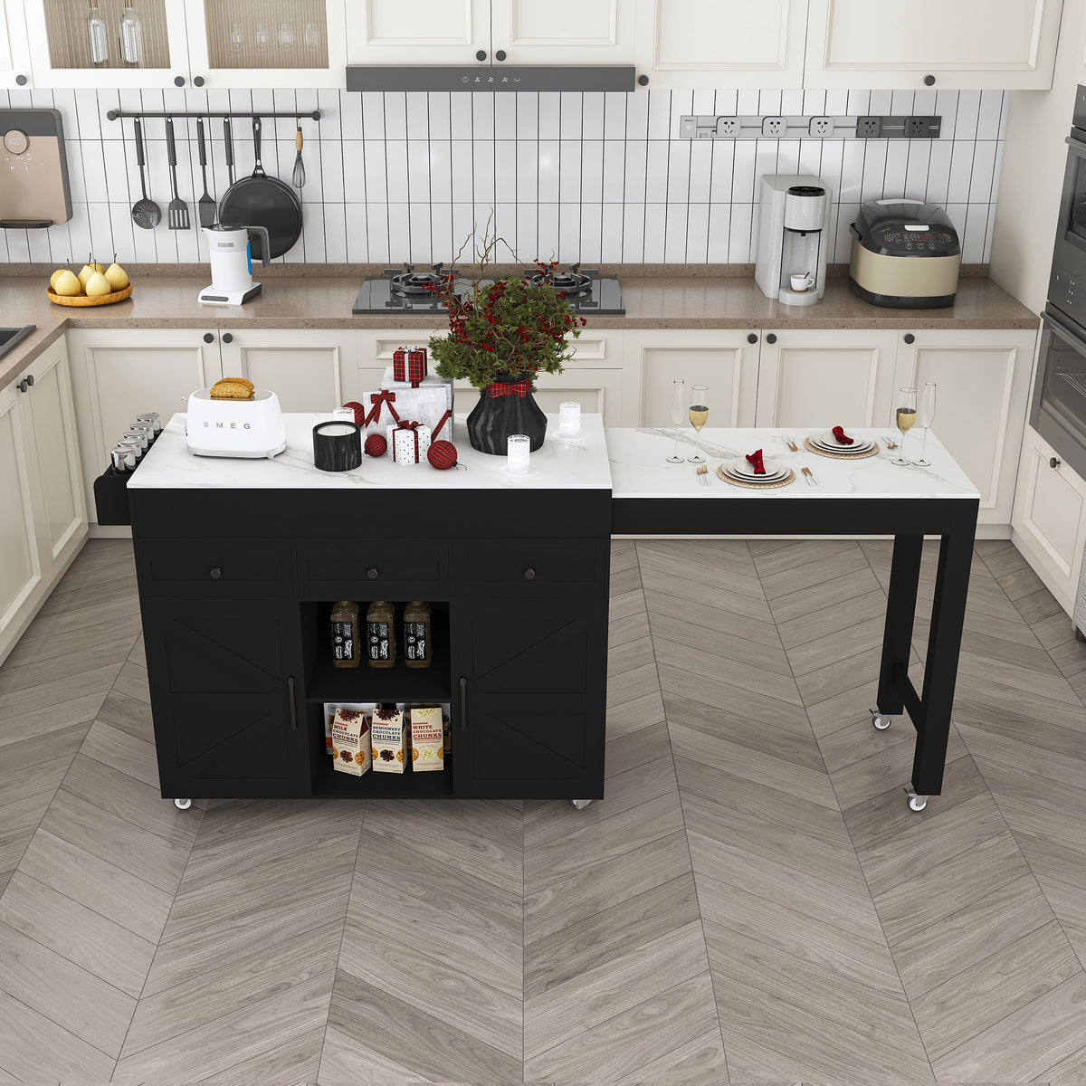 1个74.8英寸黑色厨房岛台 - 可伸缩桌 + 大理石台面 + 电源插座