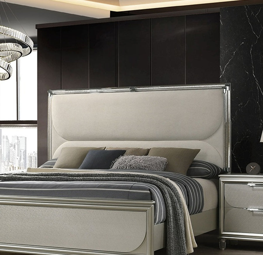 Glam Upholstered Queen Bed with LED Acrylic Headboard and Mirrored Embossed Panels, Silver, view 4