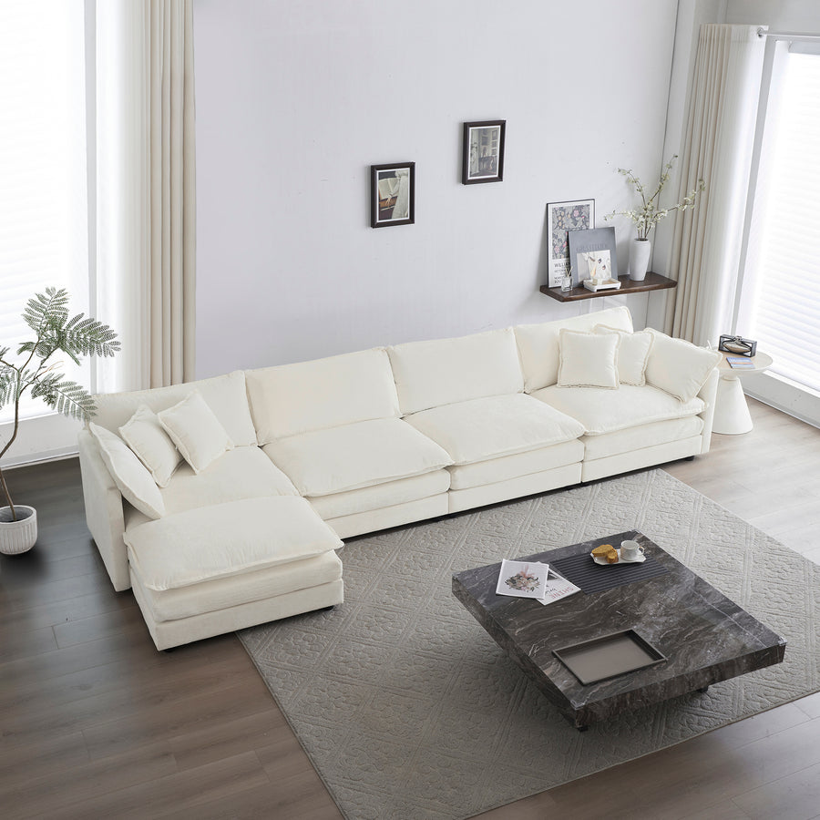White Chenille 4-Piece Modular Sectional Sofa | 5-Seater U/L-Shaped Convertible Couch with Ottoman