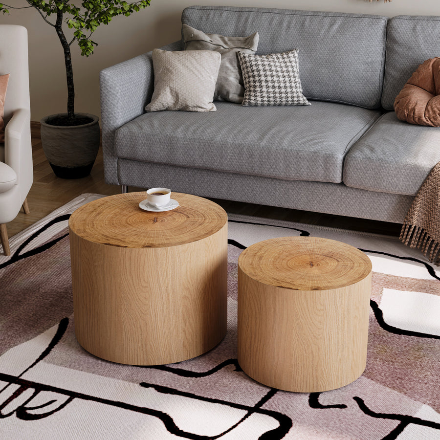 2PC Modern Round Nesting Coffee Table Set - Natural Wood Drum Side Table with Real Tree Ring