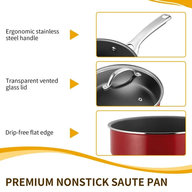 HITECLIFE Nonstick Deep Frying Pan, Induction Saute Pan with Lid, Dishwasher Safe, 9.5 inch