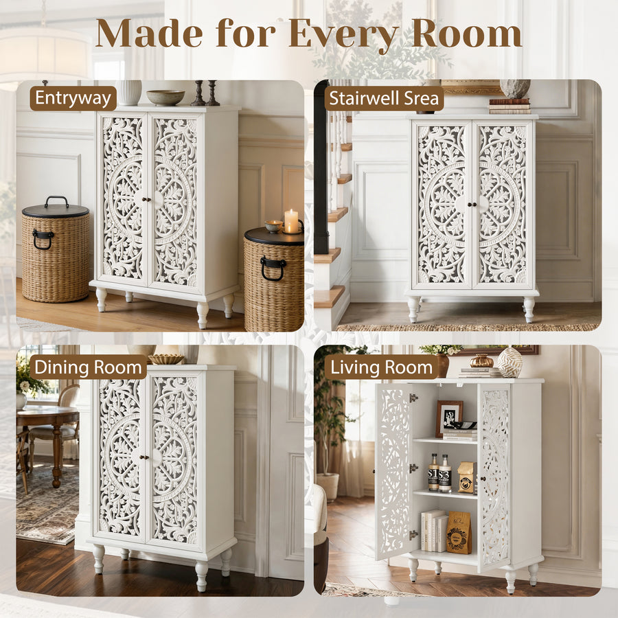 Farmhouse Accent Cabinet with Carved Hollow Doors and Turned Legs, Antique White, view 8