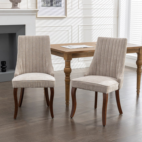 Channel Back Dining Chairs Set of 2 with Curved Solid Wood Legs, Flocked Linen, Beige