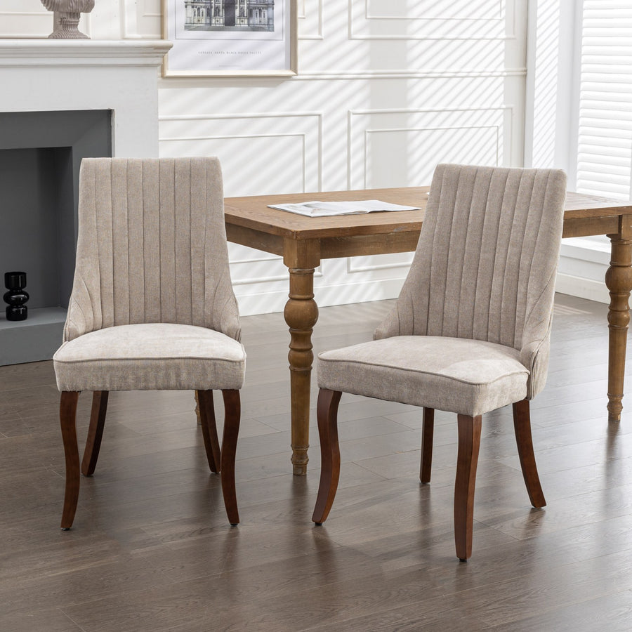 2PC Channel Dining Chairs - Rayon Flocked Linen Curved Solid Wood Legs Beige