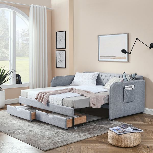 Grey Linen Twin Upholstered Daybed | Trundle & 2 Storage Drawers w/ Arm Pockets
