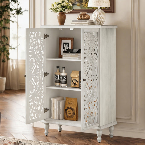 Farmhouse Accent Cabinet with Carved Hollow Doors and Turned Legs, Antique White, view 4