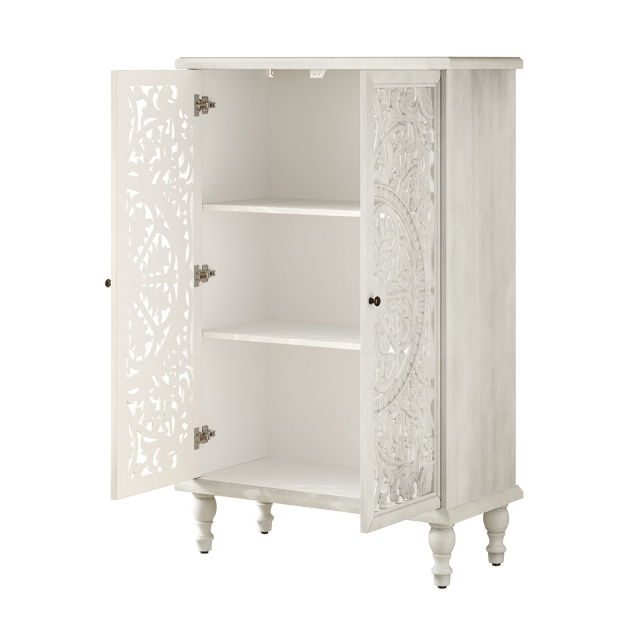 Farmhouse Accent Cabinet with Carved Hollow Doors and Turned Legs, Antique White, view 17