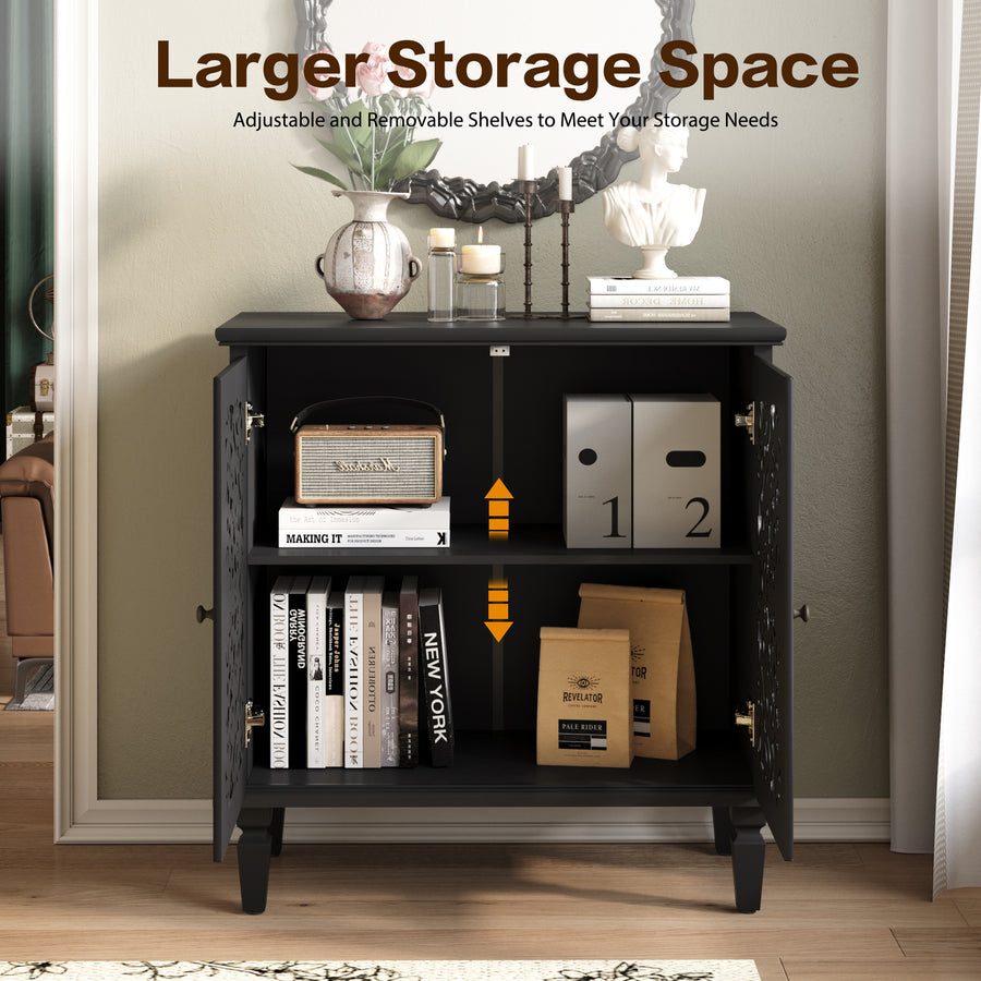 Vintage Accent Cabinet with Carved Floral Doors and Solid Wood Legs, Black, view 10