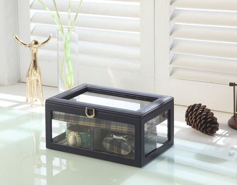 9.8' Long Blue Leather and Tempered Glass Jewelry Case – Watch Display Box Organizer for Men & Women