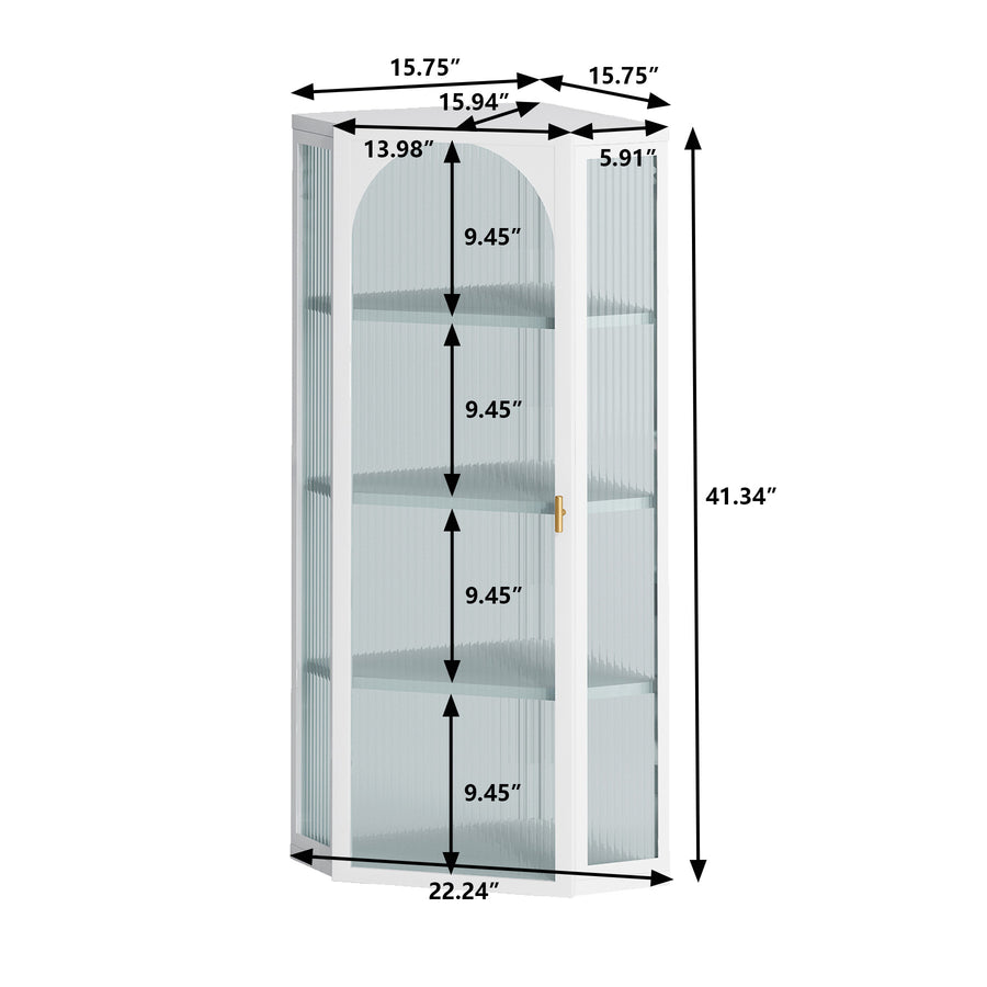 Wall-Mounted Corner Cabinet with Ribbed Glass Door and 4 Tiers, White, view 4