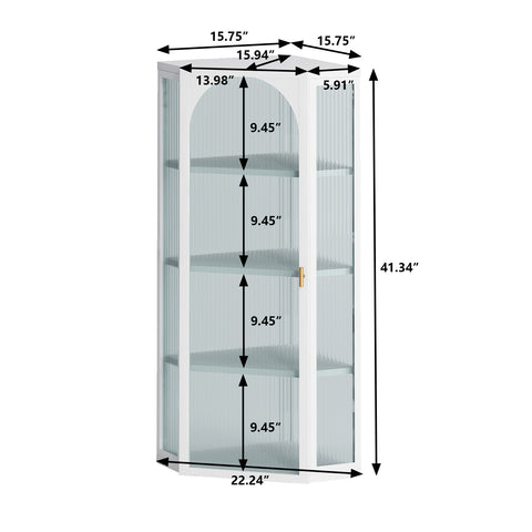Wall-Mounted Corner Cabinet with Ribbed Glass Door and 4 Tiers, White, view 4