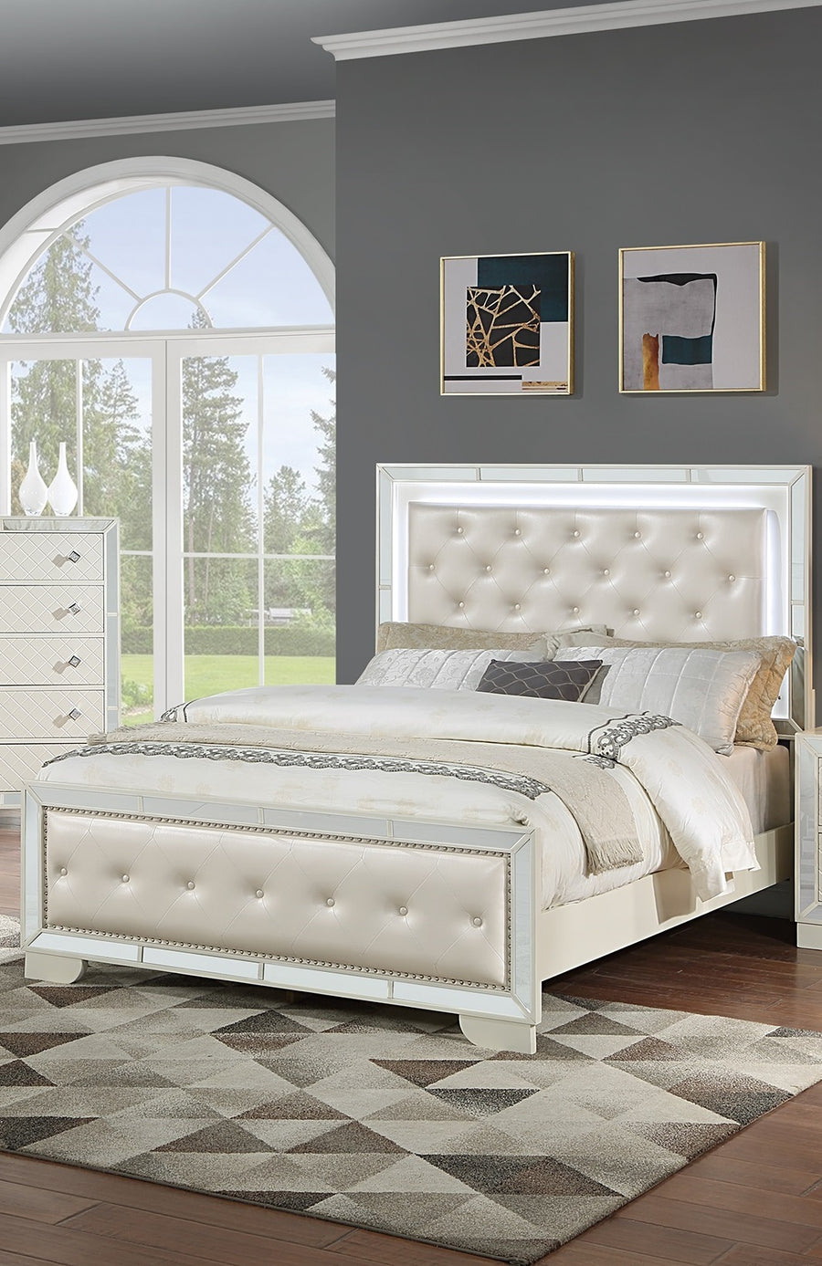 Tufted Faux Leather Queen Bed with LED Lights and Mirror Trim, Cream, view 5