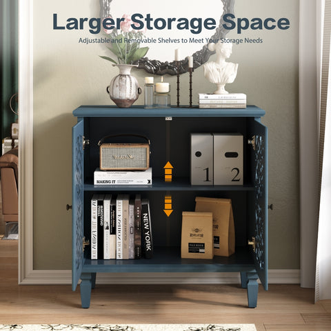 Vintage Accent Cabinet with Carved Floral Doors and Solid Wood Legs, Antique Blue, view 7