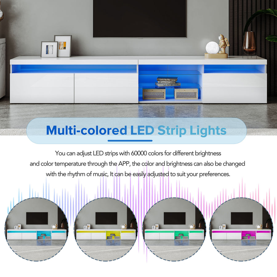 94.5" Extra-Long TV Stand with Glass Shelves and App-Controlled LED Lights, White, view 3
