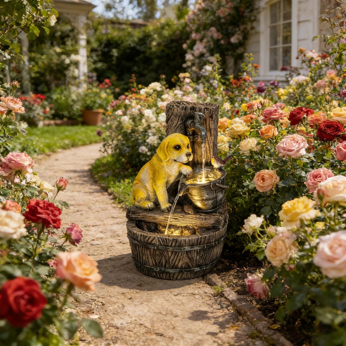 Puppy Garden Fountain with LED Lights, 22 in Rustic Resin