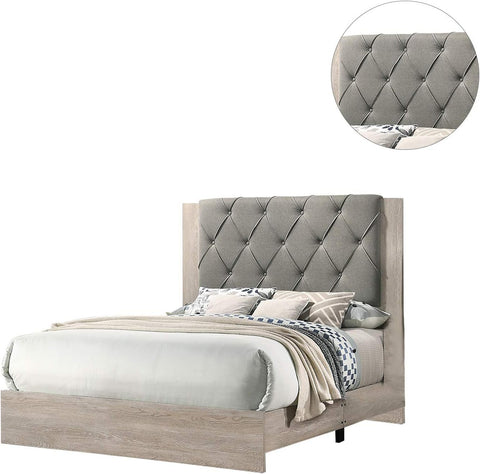 Contemporary Queen Bed with Gray Tufted Headboard, Cream, view 7
