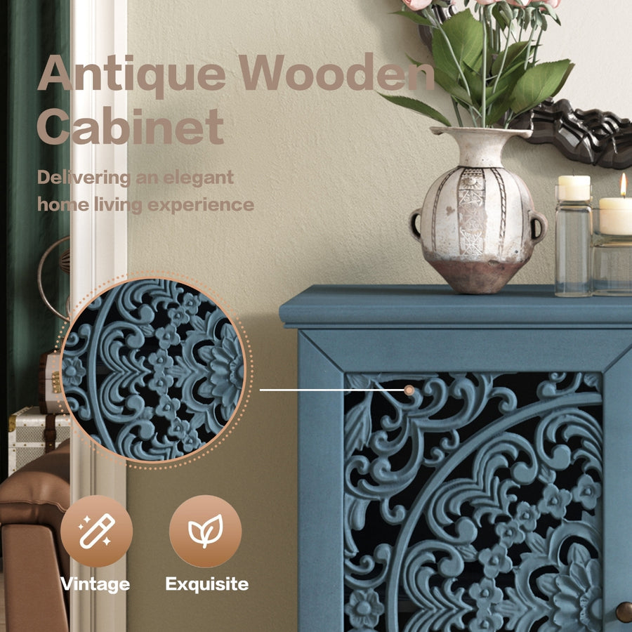 Vintage Accent Cabinet with Carved Floral Doors and Solid Wood Legs, Antique Blue, view 5