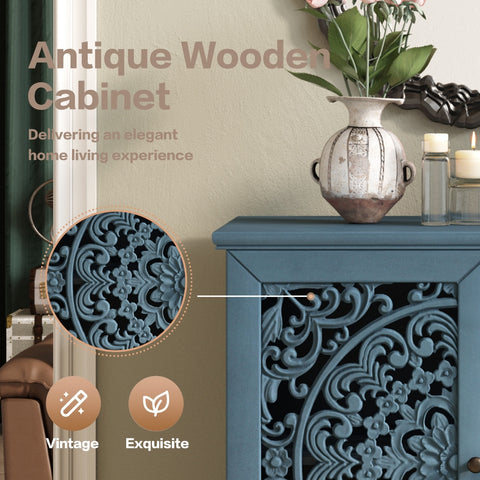 Vintage Accent Cabinet with Carved Floral Doors and Solid Wood Legs, Antique Blue, view 5