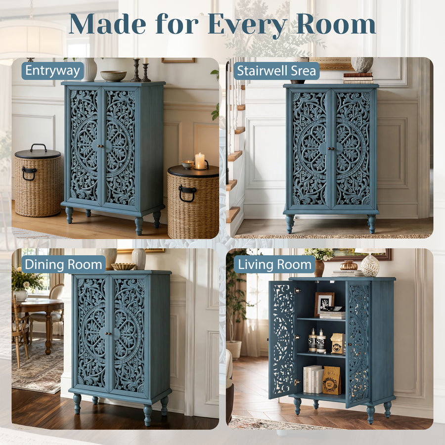 Farmhouse Accent Cabinet with Carved Hollow Doors and Turned Legs, Antique Blue, view 7