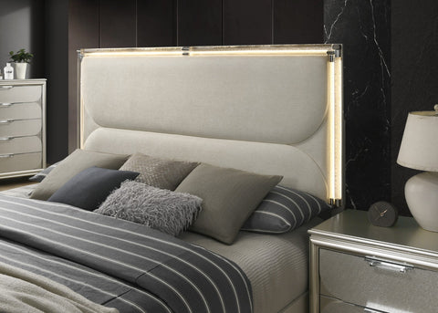 Glam Upholstered Queen Bed with LED Acrylic Headboard and Mirrored Embossed Panels, Silver, view 7