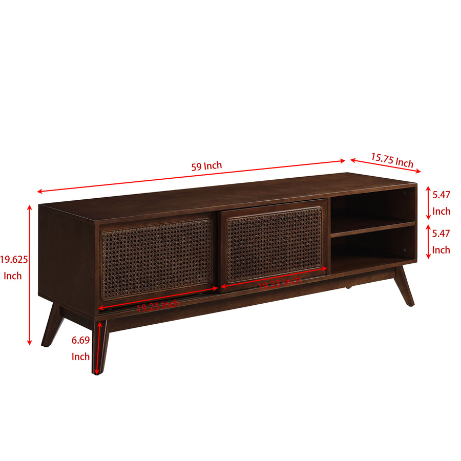 Mid-Century Rattan TV Stand for TVs Up to 65", Dark Wood, view 11