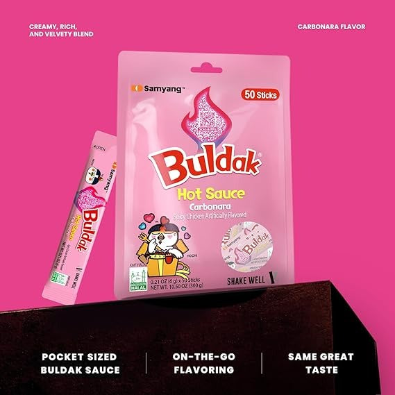 Samyang Buldak Carbonara Stick Sauce, Carbonara Spicy Hot Chicken Flavor Sauce, Korean Hot Sauce 0.17 Fl Oz x 50 Sticks (8.5 Fl Oz)