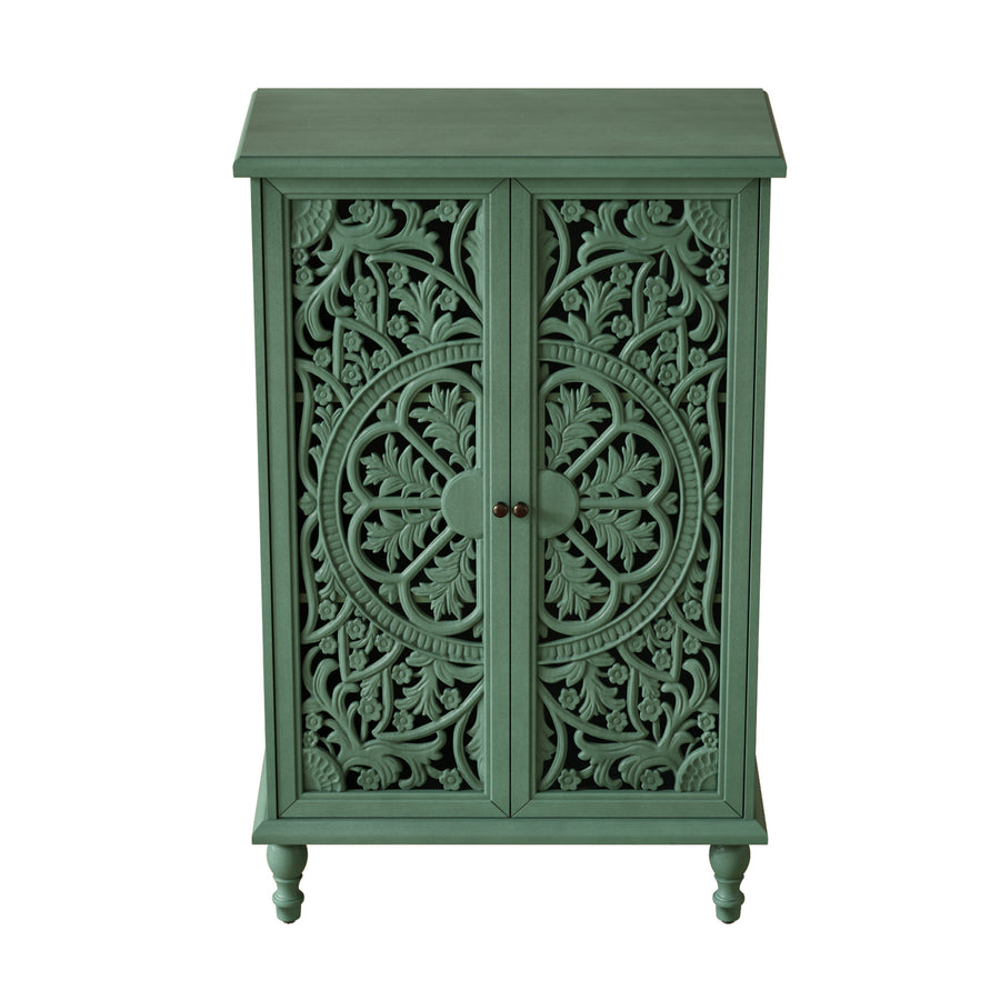 Farmhouse Accent Cabinet with Carved Hollow Doors and Turned Legs, Antique Green, view 13