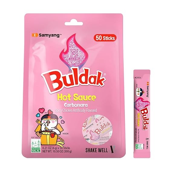 Samyang Buldak Carbonara Stick Sauce, Carbonara Spicy Hot Chicken Flavor Sauce, Korean Hot Sauce 0.17 Fl Oz x 50 Sticks (8.5 Fl Oz)