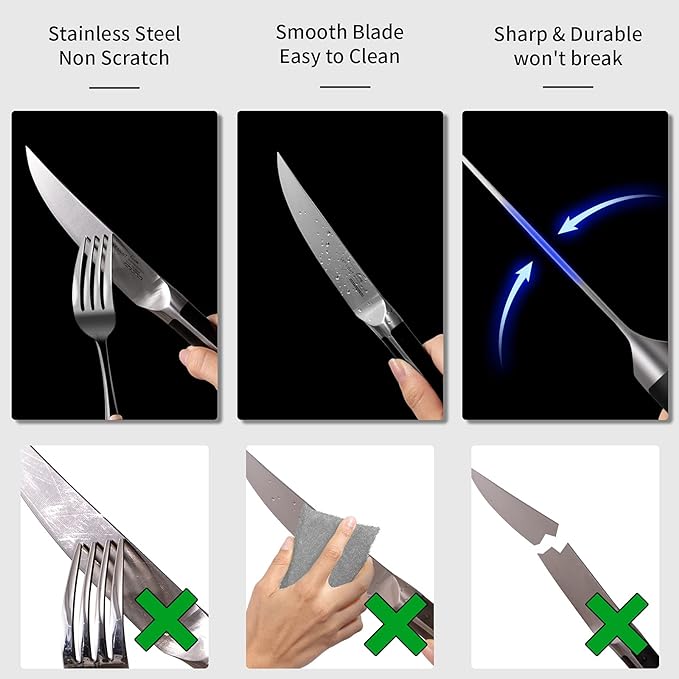 SKY LIGHT Steak Knives, 4.5 Inch Non-serrated Steak Knife Set, 4-Piece Premium Kitchen Table Knife with Japanese Triangle Handle, Sharp Blade Flatware Steakhouse Knife with Gift Box