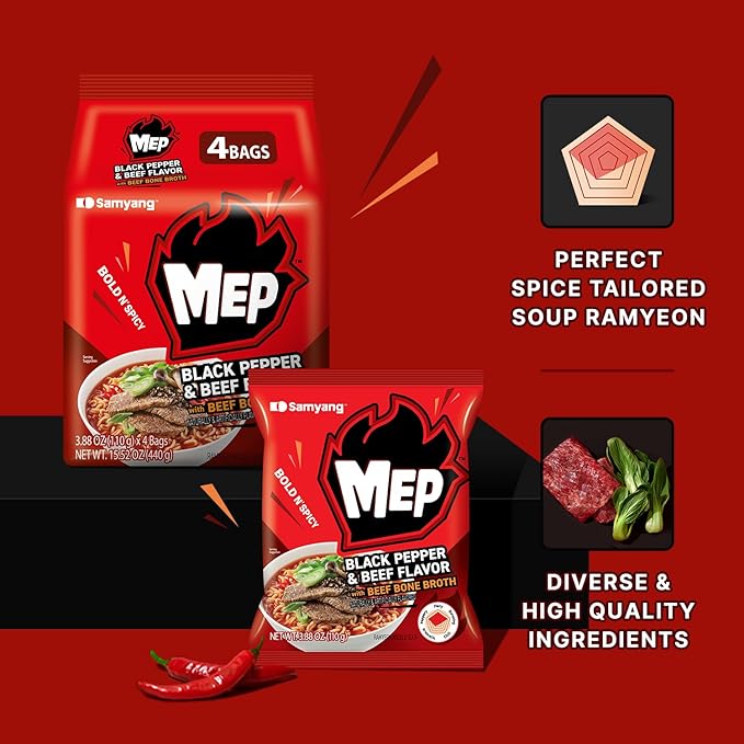 MEP黑胡椒牛肉味韩式方便面，辣味拉面汤