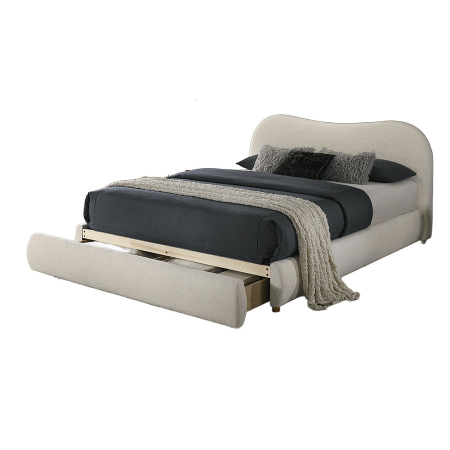 Boucle Upholstered Queen Bed with Curved Headboard and Footboard Storage Drawer, White, view 8