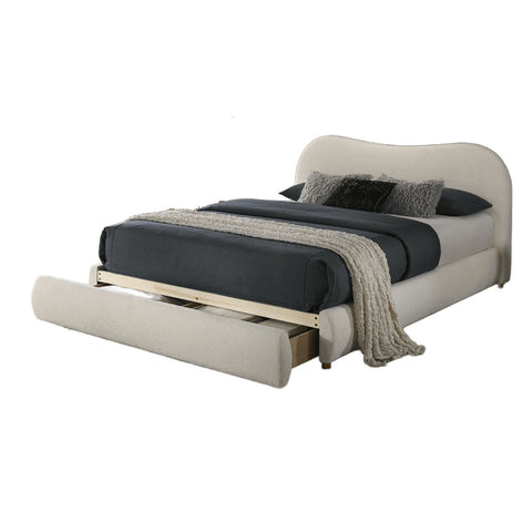 Boucle Upholstered Queen Bed with Curved Headboard and Footboard Storage Drawer, White, view 8