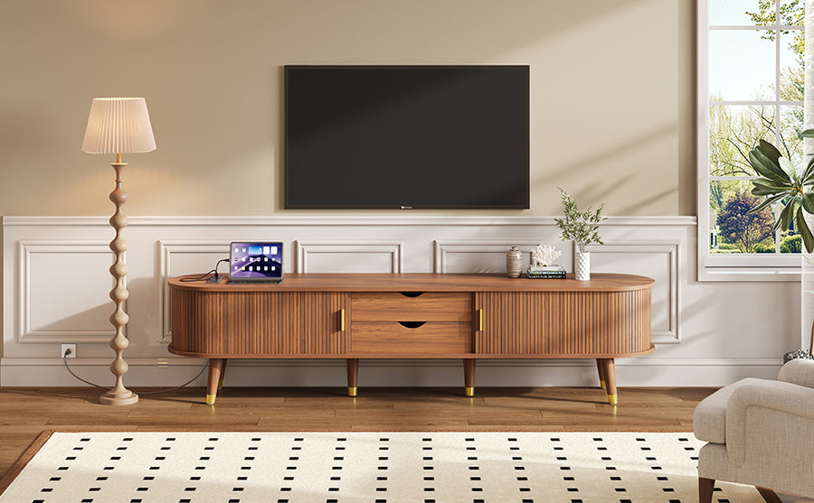 Fluted Oval TV Stand with Charging Station, Walnut, view 17