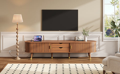 Fluted Oval TV Stand with Charging Station, Walnut, view 17