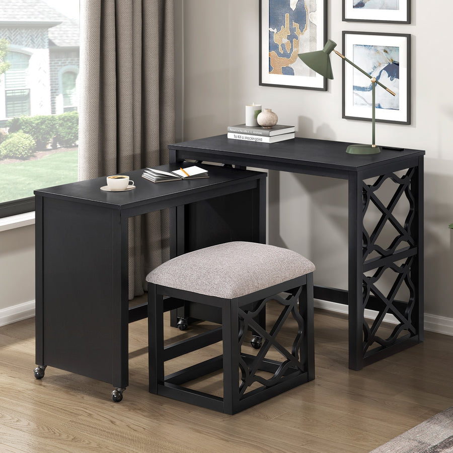 3PC Black Rolling Desk & Stool Set - 2 Charging Ports