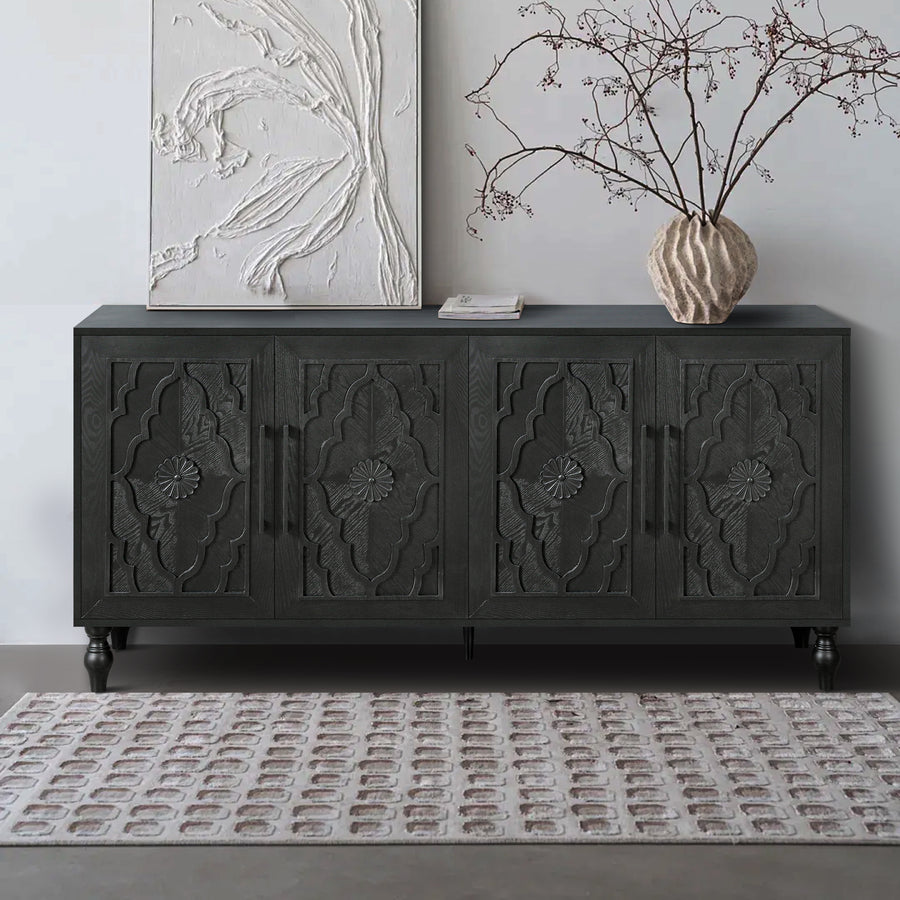 Carved Door Sideboard Buffet Cabinet, Black, view 3