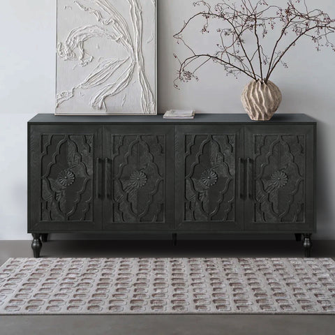 Carved Door Sideboard Buffet Cabinet, Black, view 3