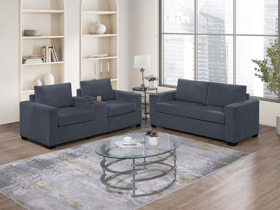 Dark Gray Wide-Welt Corduroy 2pc Sofa Set | Loveseat w/ Console Cup Holder