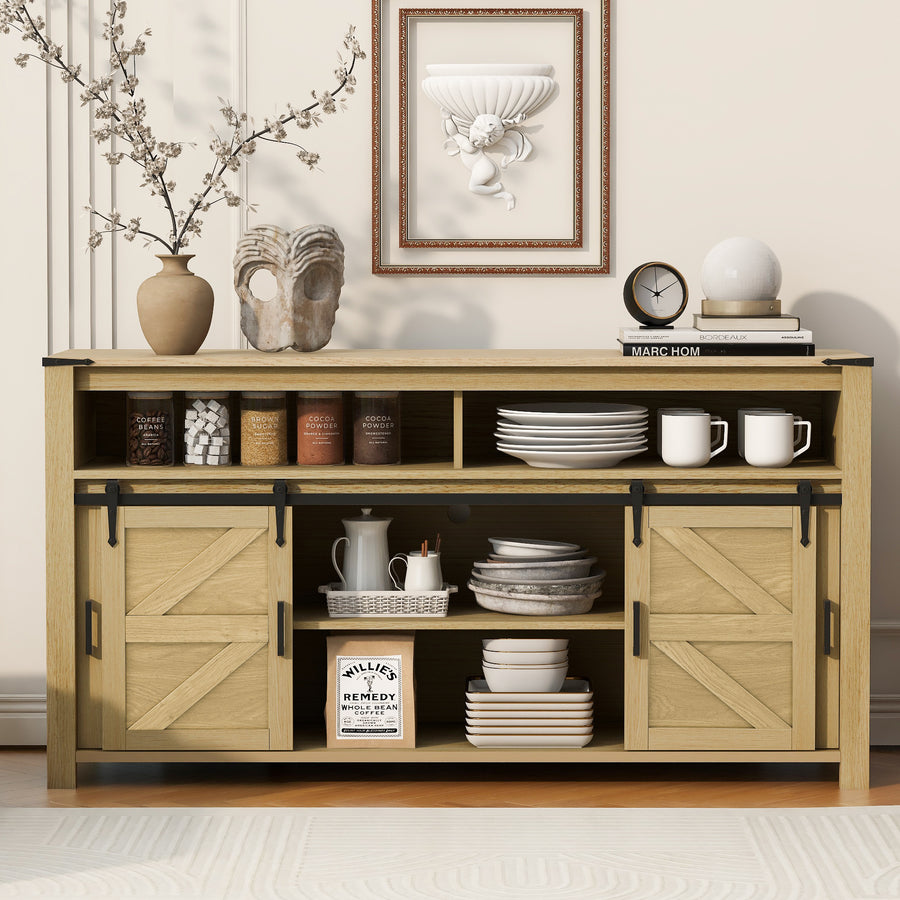 1PC U_STYLE 59.3' Farmhouse Sideboard - Sliding Barn Door + Mesh Panels