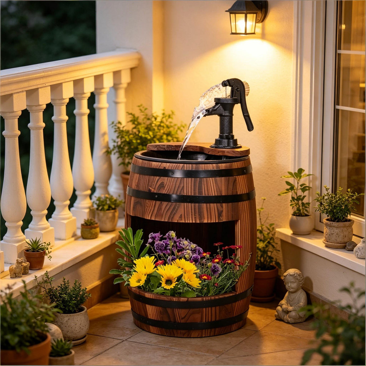 Wooden Apple Barrel Hand Pump Fountain, 23 in Patio Garden Fountain