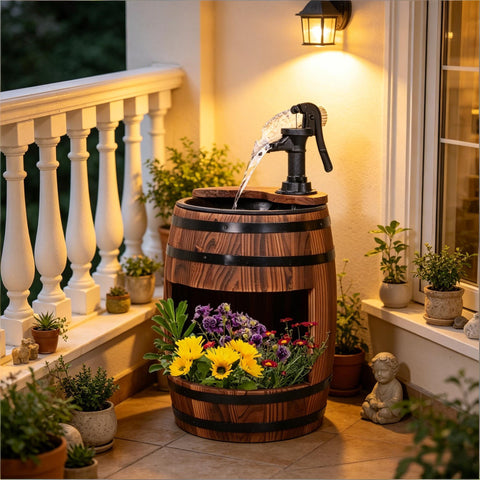 Wooden Apple Barrel Hand Pump Fountain, 23 in Patio Garden Fountain